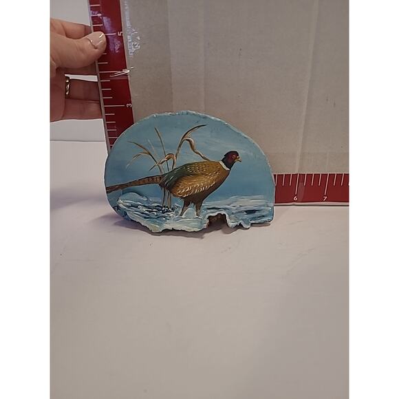 Handpainted Pheasant on Petrified Wood Art Signed FA 5" x 3" - Picture 3 of 11